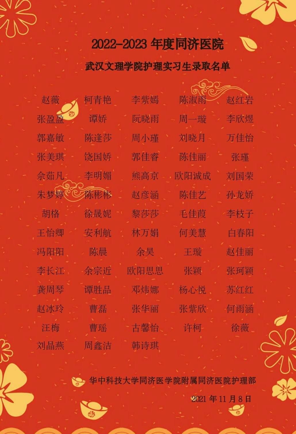 喜讯|6163银河.net163.am2019级护理专业被同济医院录取实习生68名、中南医院录取实习生33名！